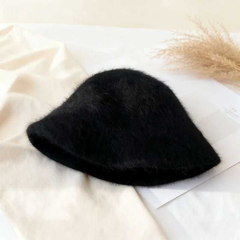 Angola Long Rabbit Fur Bucket Hat - Warm Winter Beanie for Women 2