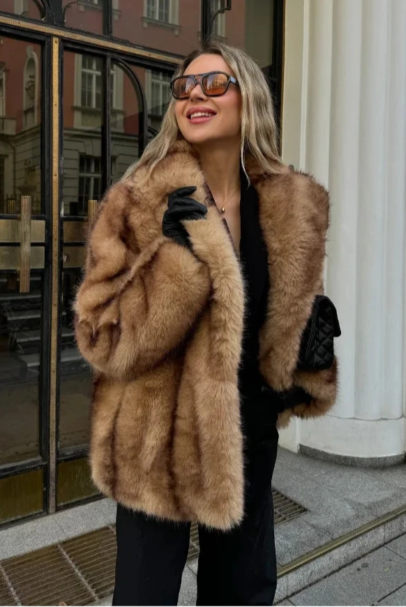 Stylish Faux Fur Coat Women with Turn-Down Collar & Covered Button Closure 1