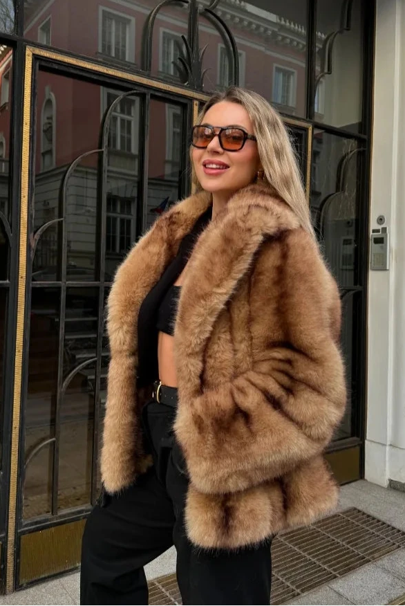 Stylish Faux Fur Coat Women with Turn-Down Collar & Covered Button Closure 2