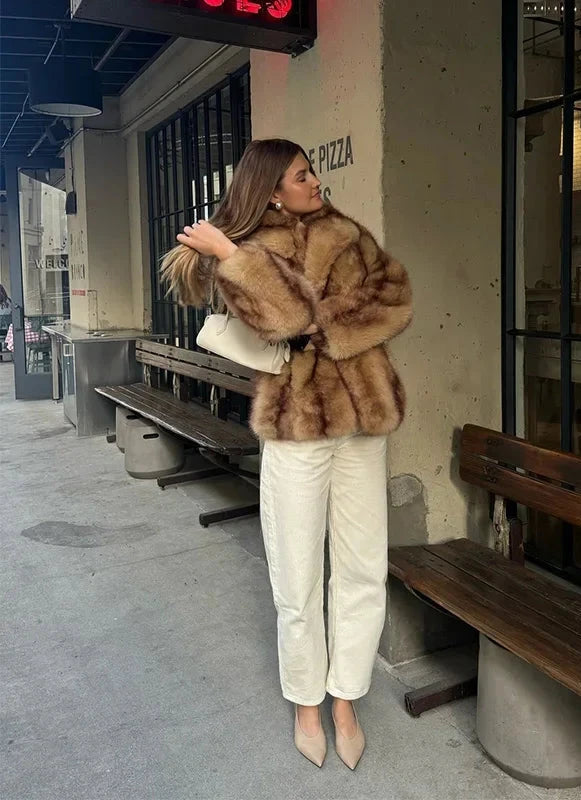 Stylish Faux Fur Coat Women with Turn-Down Collar & Covered Button Closure 5