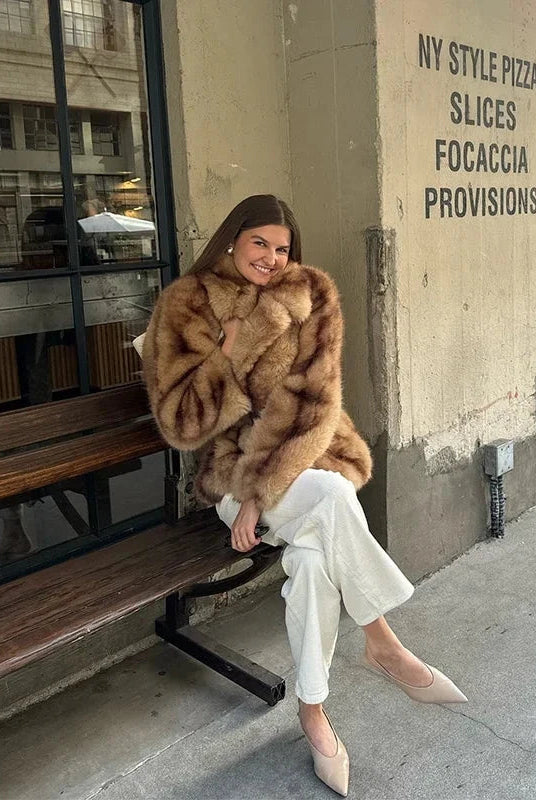 Stylish Faux Fur Coat Women with Turn-Down Collar & Covered Button Closure 6