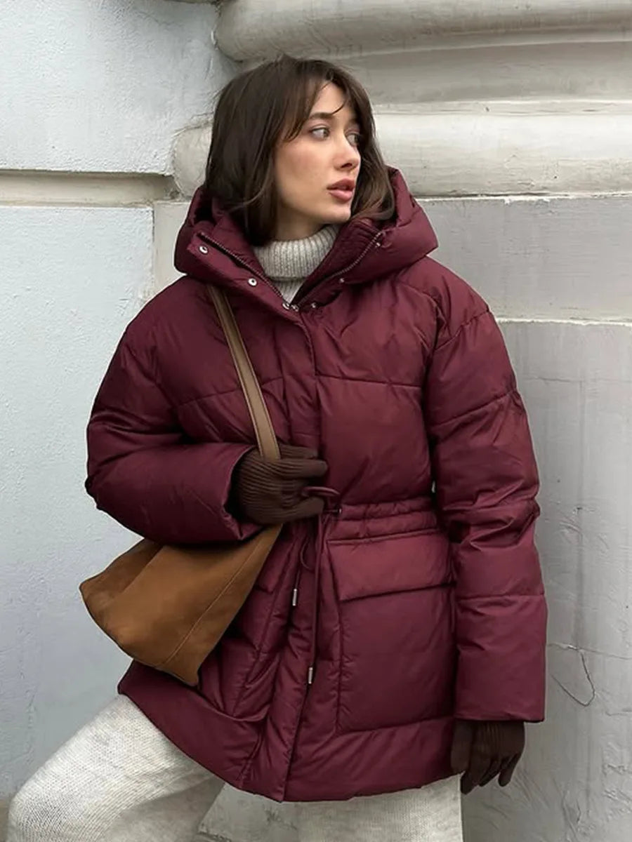 Winter Coats Women - Wine Red Hooded Puffer Coat with Drawstring Waist 0