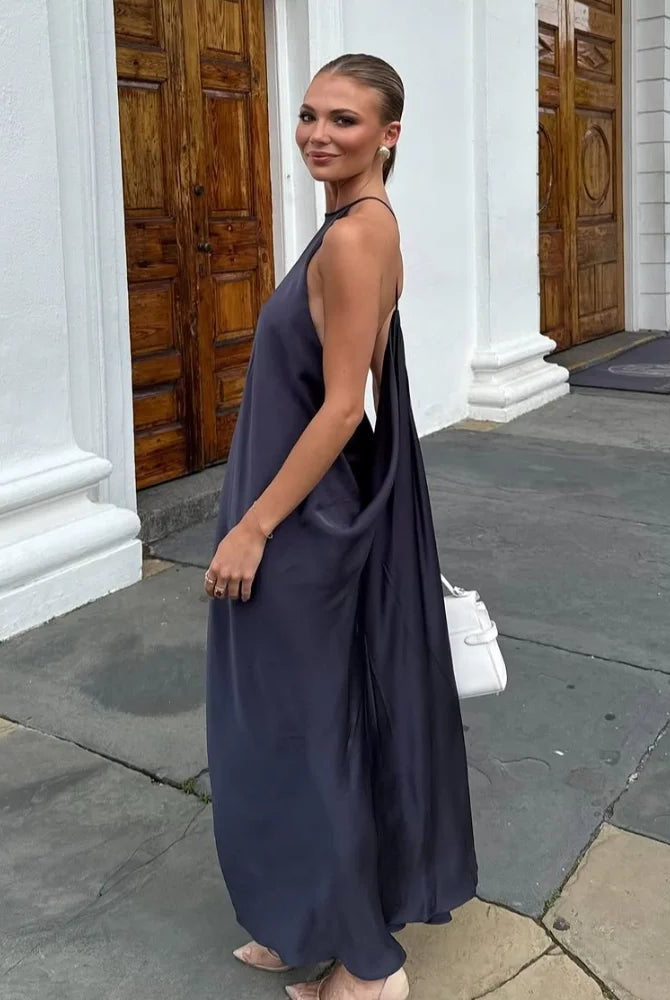 SOERA Indira Satin Halter Maxi Dress - Dress - SOERA-433027-NAV-XS-82851 Charcoal Gray XS