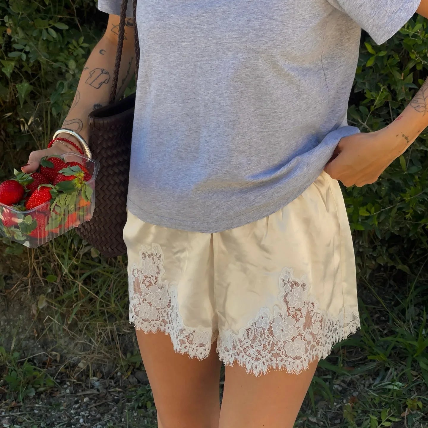 SOERA Dominique Satin Silk Lace Shorts - Bottoms - Light Blue S