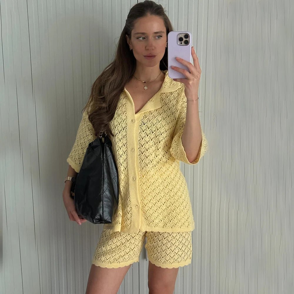 SOERA Selene Knit Cardigan Shorts Set - Cardigan - Yellow M