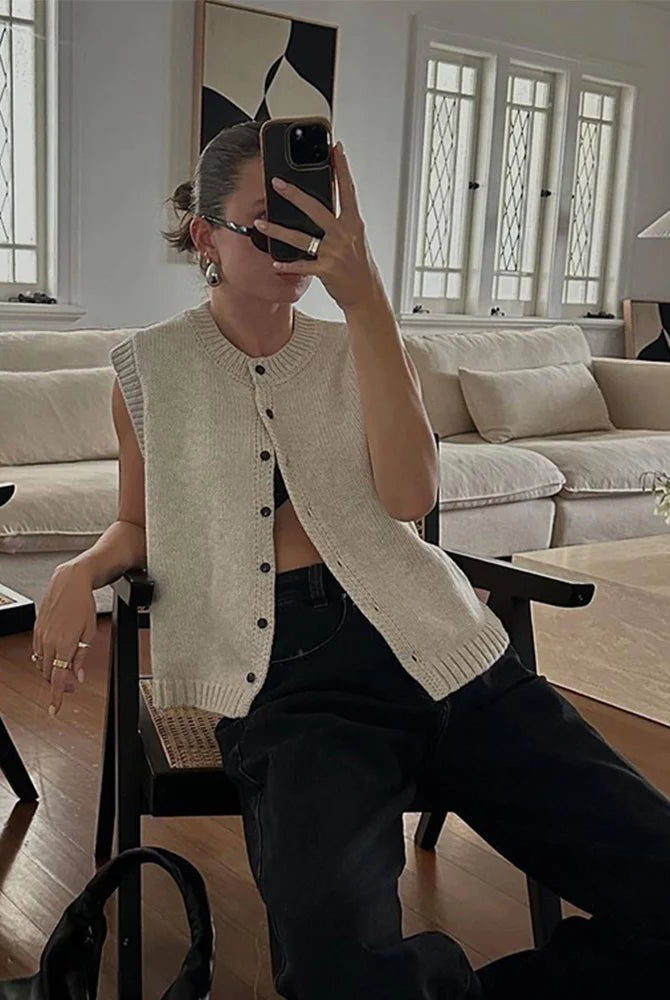 SOERA Tori Button Front Knitted Vest Cardigan - Cardigan - SOERA-641411-GRE-L-83011 Grey L