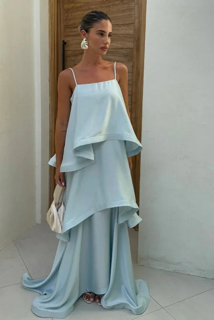 SOERA Aishwara Tiered Ruffle Satin Maxi Dress - Dress - SOERA-288579-BLU-M-56771 Blue M