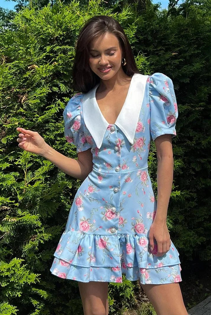 SOERA Andromeda Floral Puff Sleeve Mini Dress - Dress - Blue S