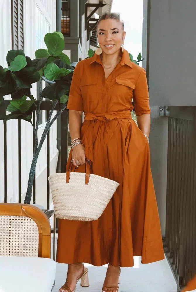 SOERA Beatrice Belted Shirt Midi Dress - Dress - Brown M