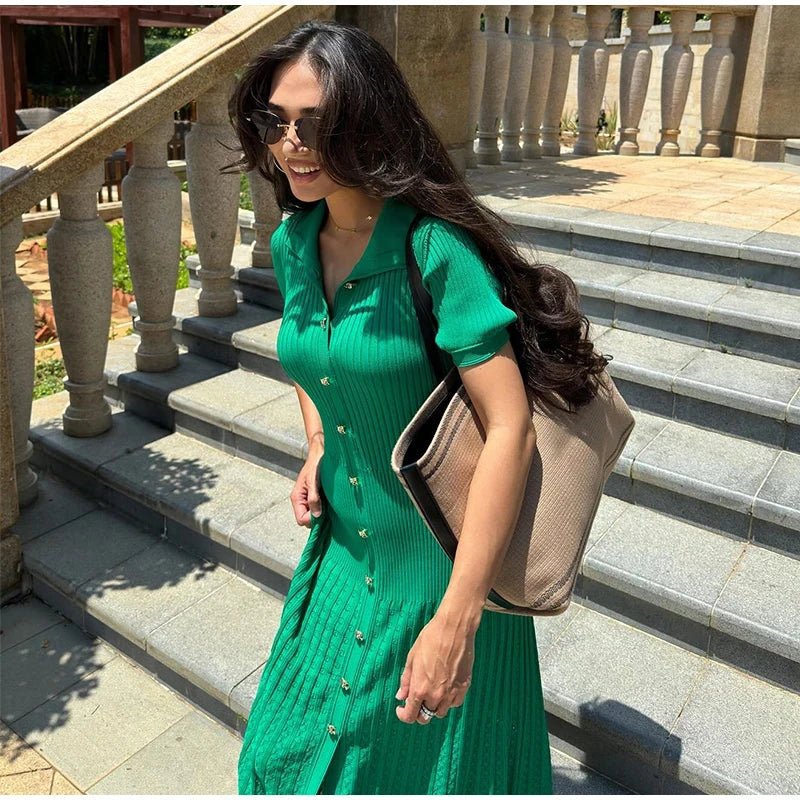 SOERA Beatrice Turn - Down Collar Knit Maxi Dress - Dress - Green