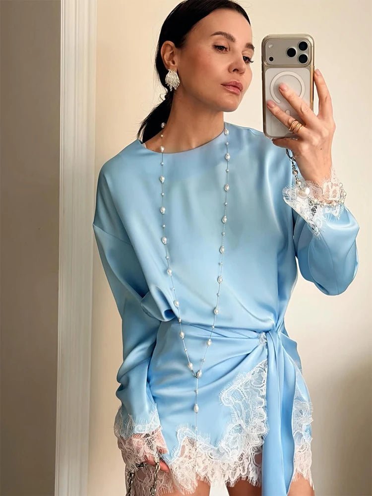SOERA Celeste Lace Satin Tie-Detail Dress - Dress - Blue XS