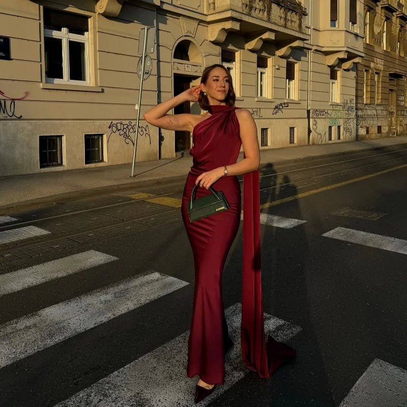 SOERA Demetra Satin Halter Backless Evening Gown - Dress - Burgundy S