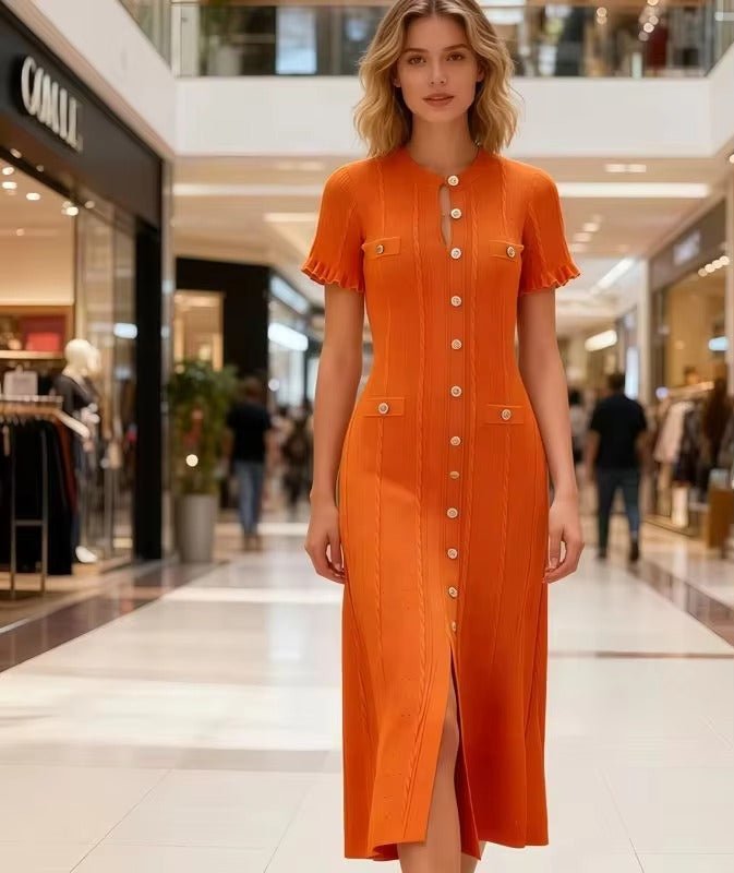 SOERA Erlinda Button - Front Knit Midi Dress - Dress - Orange XS