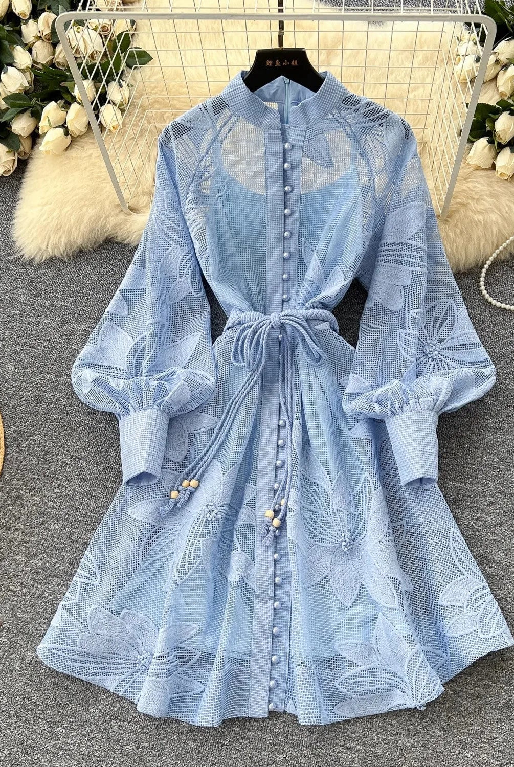 SOERA Hedy Embroidered Lace Belted Dress - Dress - Blue S