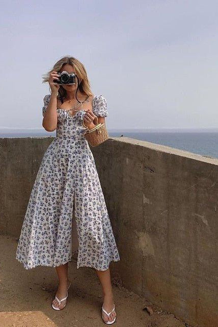SOERA Iris Puff Sleeve Floral Midi Dress - Dress - SOERA-763651-BLU-S-02147 Blue S