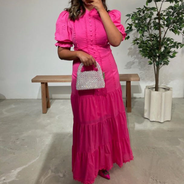 SOERA Isabelle Eyelet Lace Puff Sleeves Midi Dress - Dress - SOERA-364163-DEF-OS-16295 Pink XS