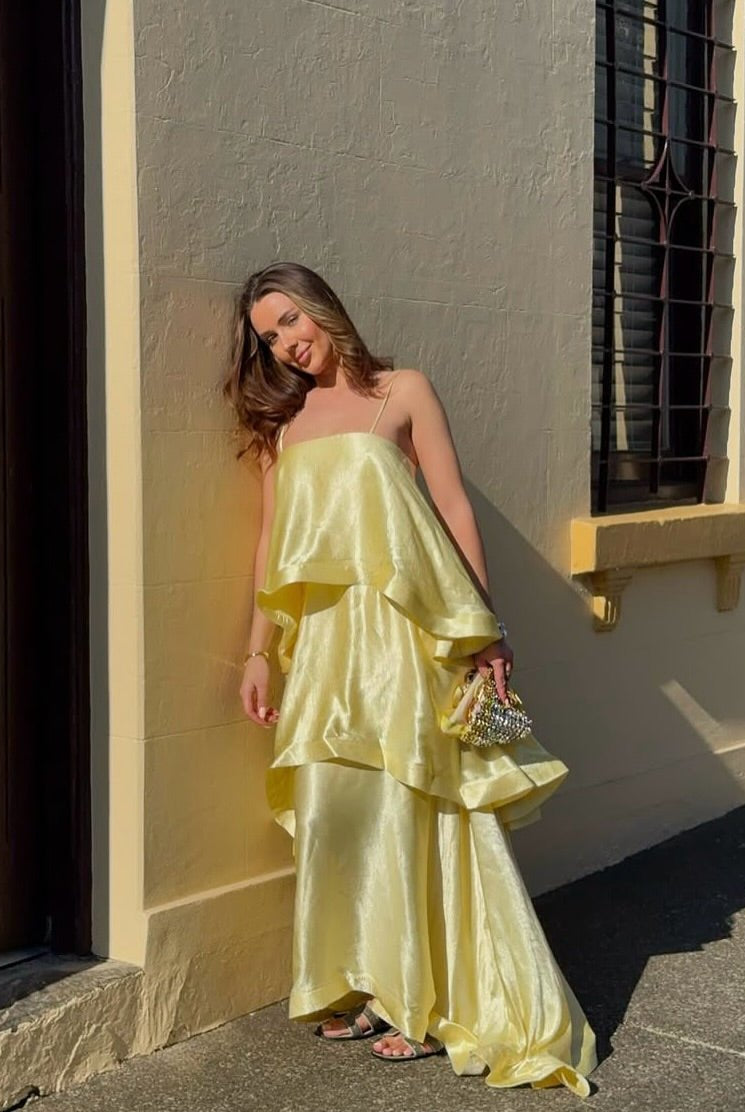 SOERA Margot Tiered Ruffle Satin Maxi Dress - Dress - SOERA-288579-YEL-S-87843 Yellow S