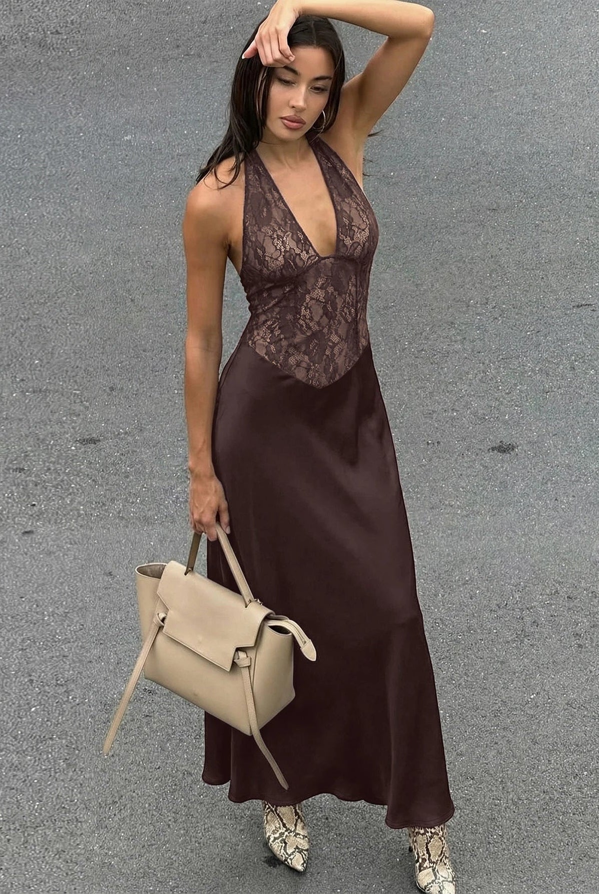SOERA Serena Halter Backless Lace Patchwork Dress - Dress - Brown S