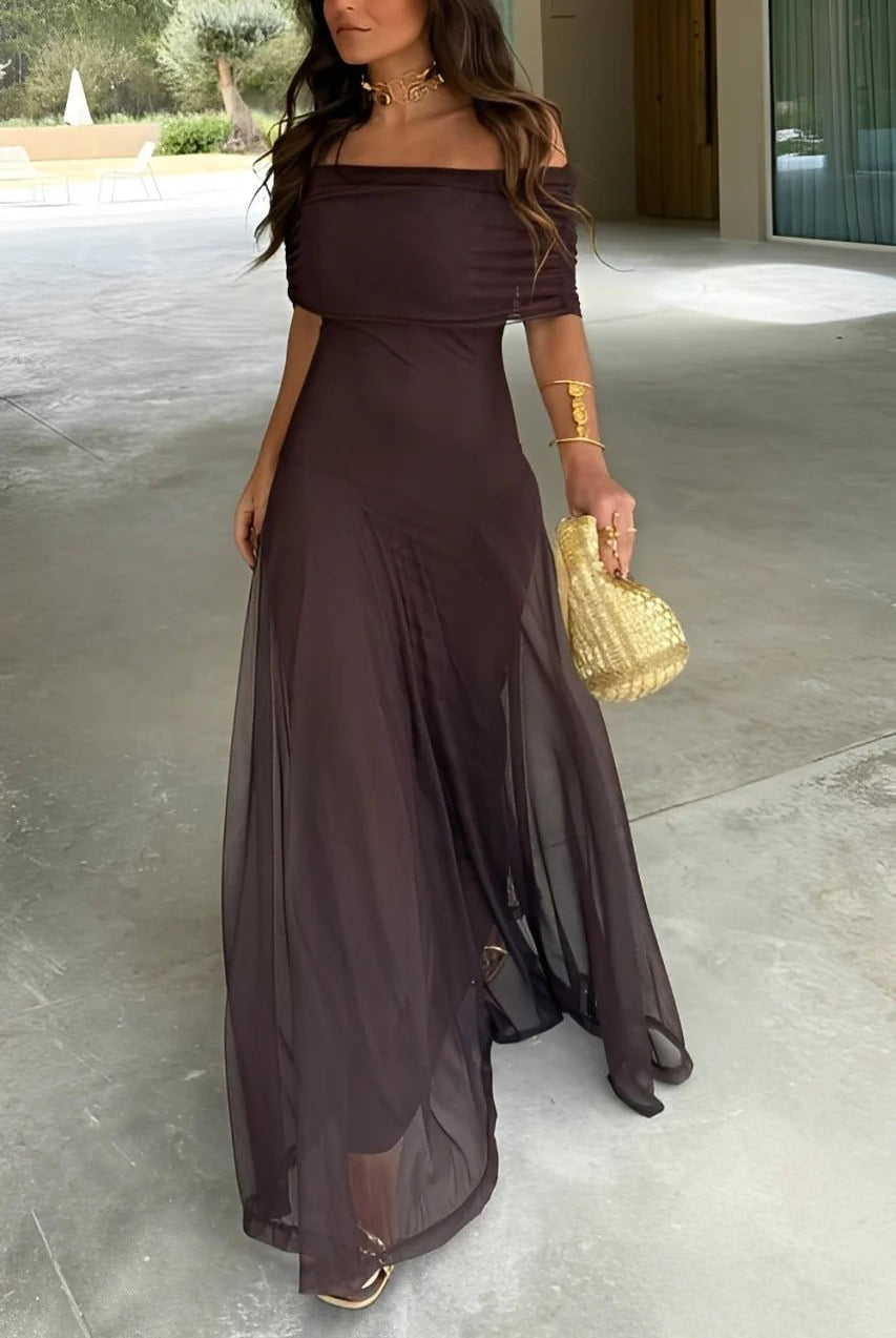 SOERA Sienna Off-Shoulder Ruched Maxi Dress - Dress - SOERA-616515-S-BROWN-71651 Brown S