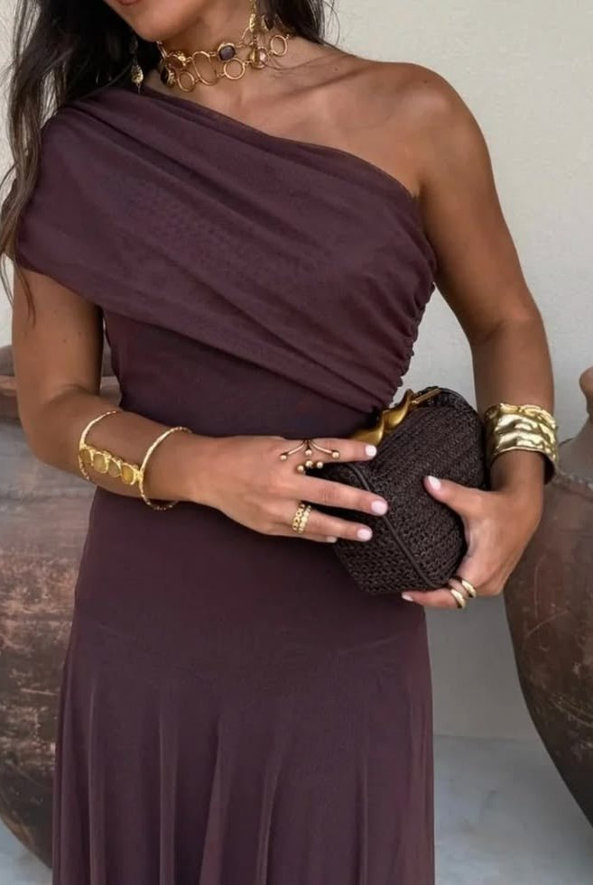 SOERA Sienna Off-Shoulder Ruched Maxi Dress - Dress - SOERA-616515-S-BROWN-71651 Brown S