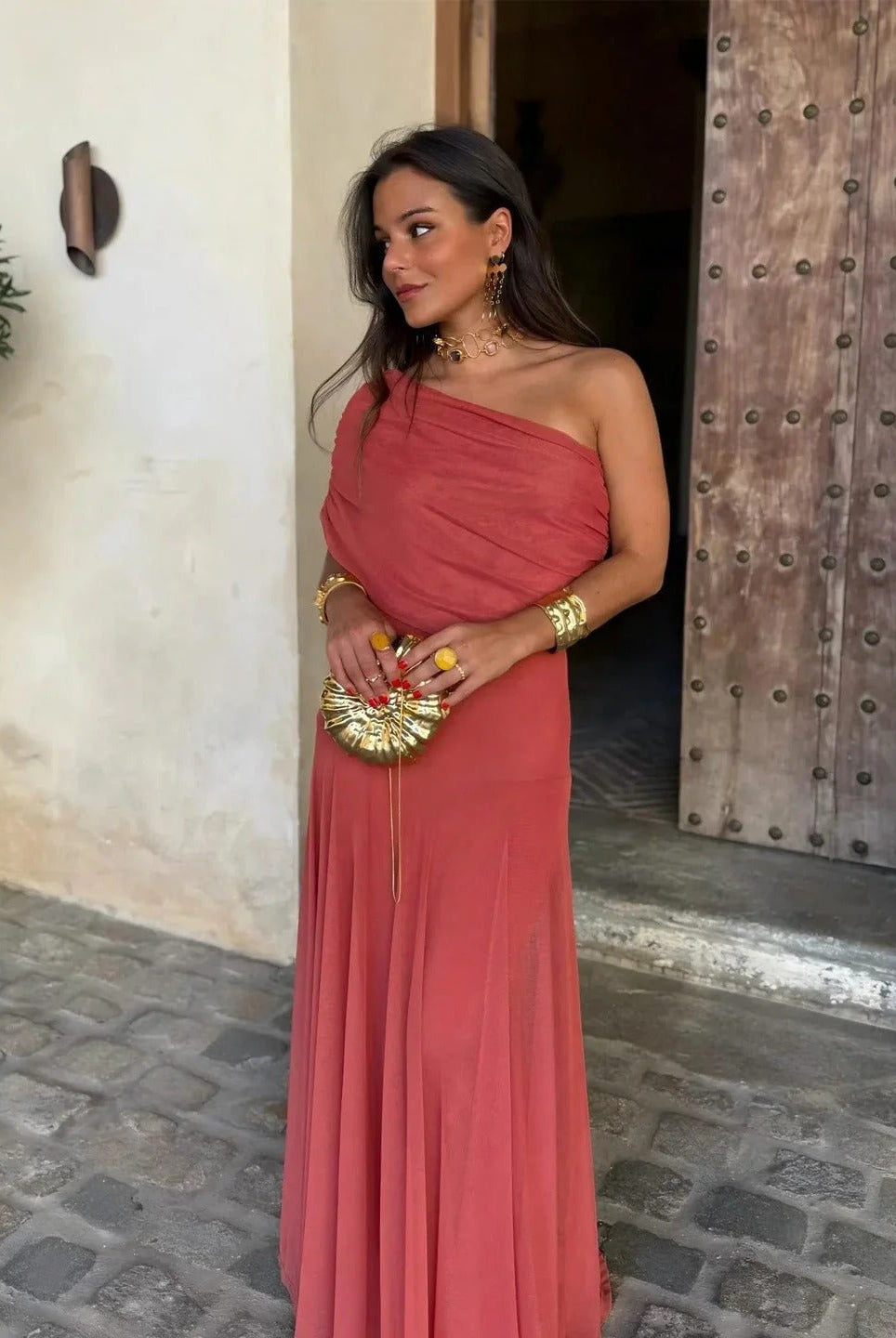 SOERA Sienna Off-Shoulder Ruched Maxi Dress - Dress - SOERA-616515-S-TERRAC-37187 Terracotta S