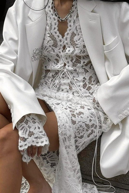 SOERA Simone Lace Deep V Long Sleeve Split Maxi Dress - Dress - SOERA-323267-WHI-L-74723 White L