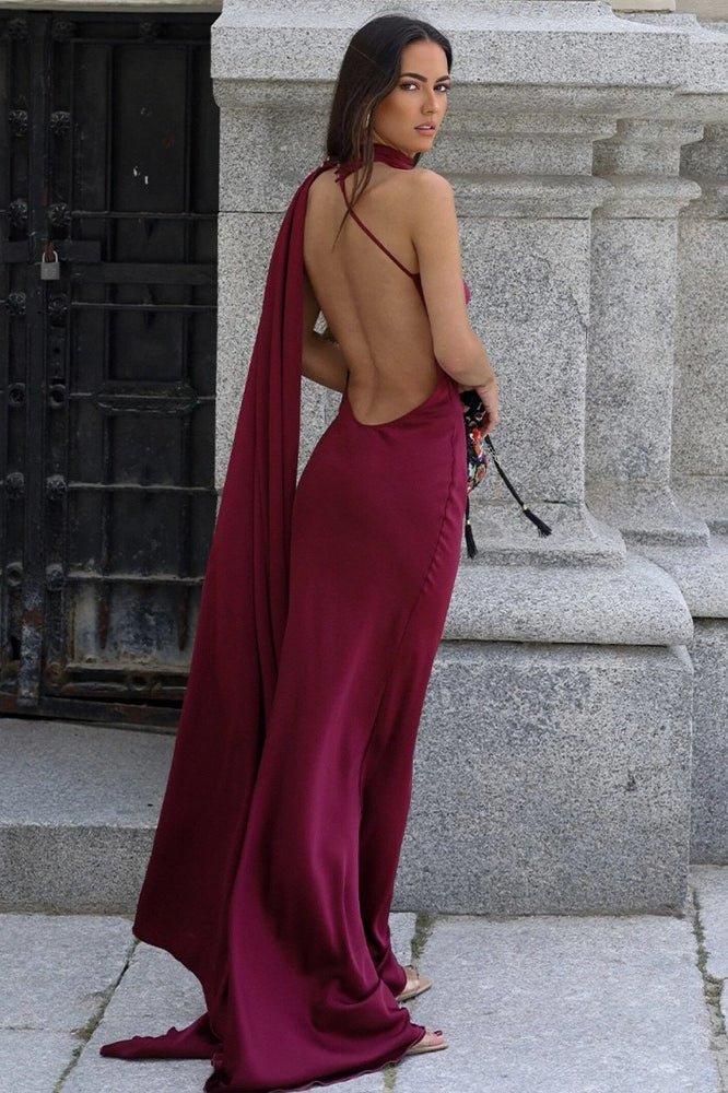 SOERA Suri Satin Halter Neck Cape Dress - Dress - Burgundy M