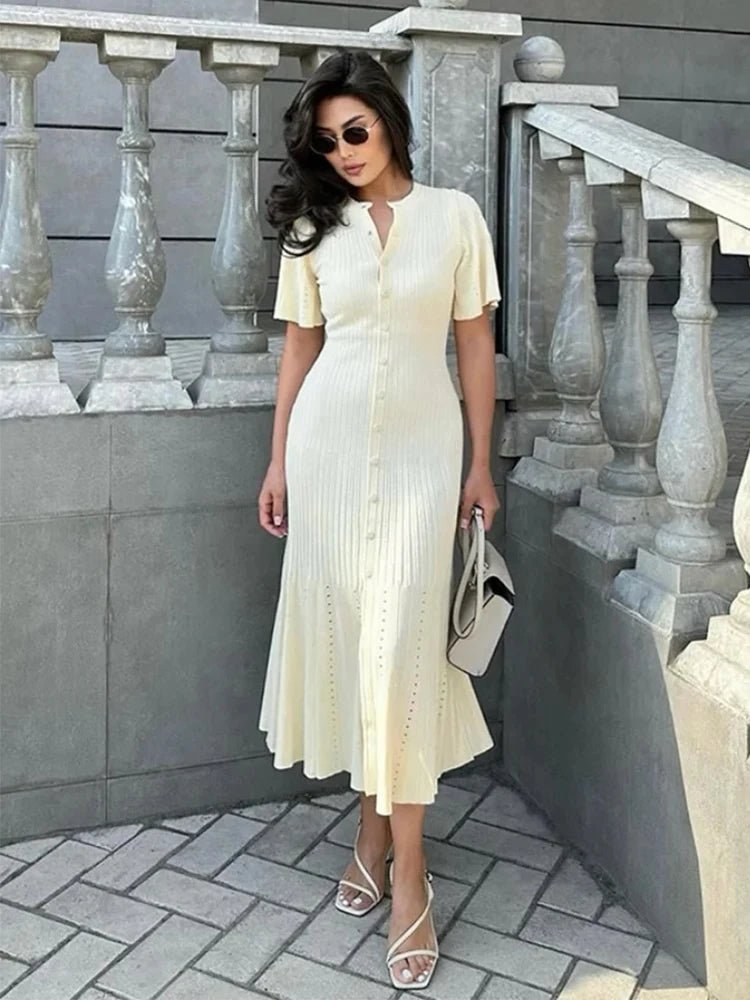 SOERA Bianca Bell Sleeve Pleated Knit Midi Dress - Dresses - Beige S