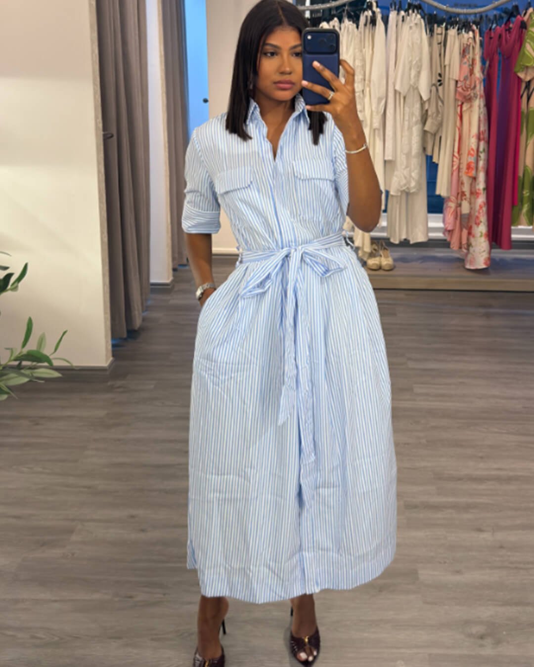 SOERA Katniss Striped Lace - Up Collar Maxi Dress - Dresses - Blue L