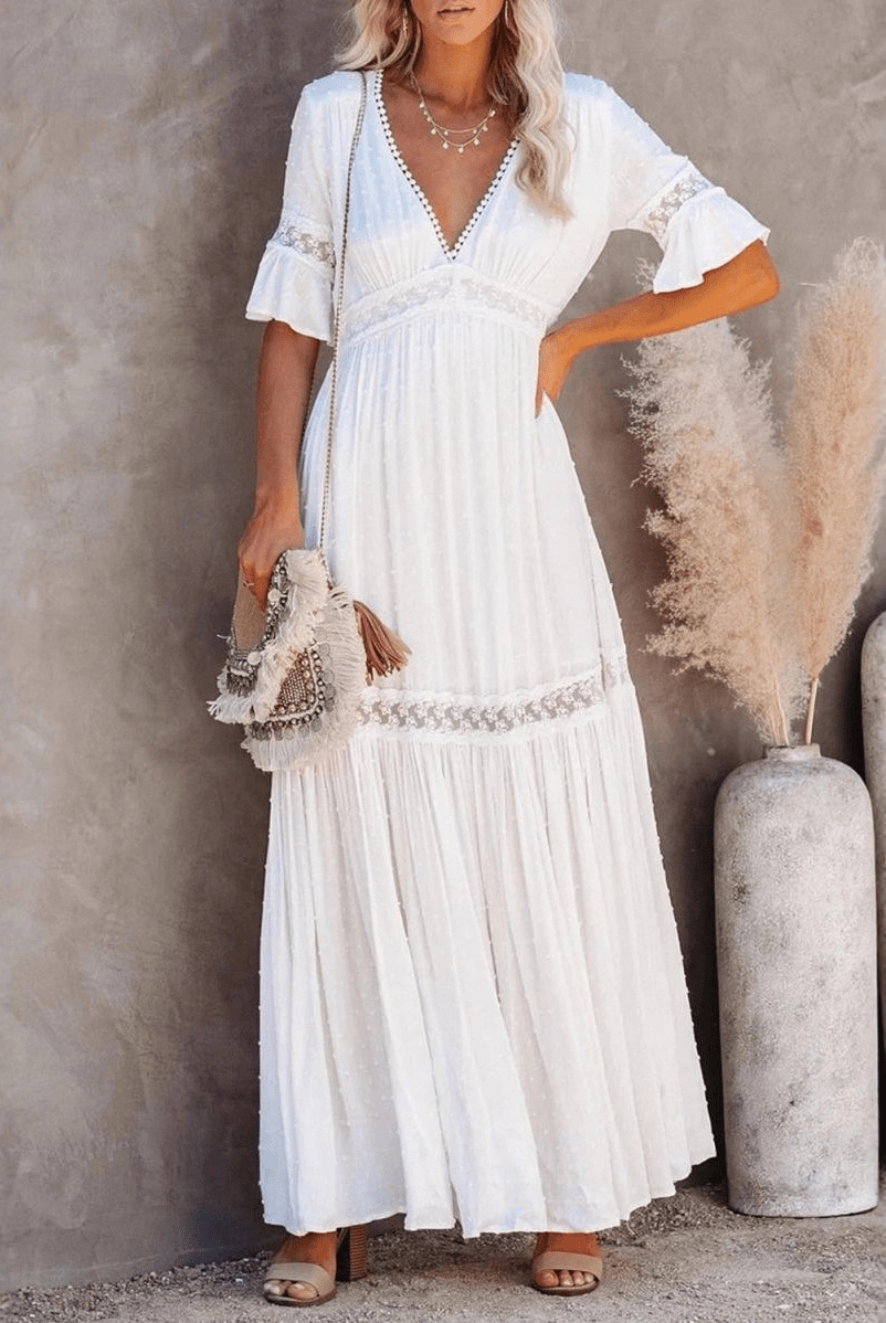 SOERA Winona Lace V - Neck Midi Dress - Dresses - 1005008576606072-;ea1776146840072911023 White M