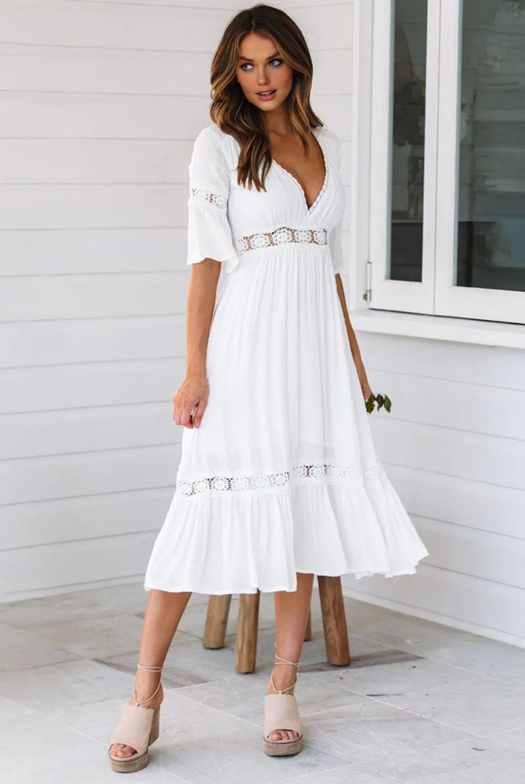 SOERA Winona Lace V - Neck Midi Dress - Dresses - 1005008576606072-;gQ1776146840071813430 White S