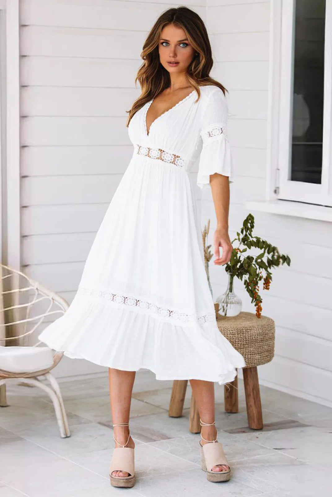 SOERA Winona Lace V - Neck Midi Dress - Dresses - 1005008576606072-;OC1776146840072416004 White L