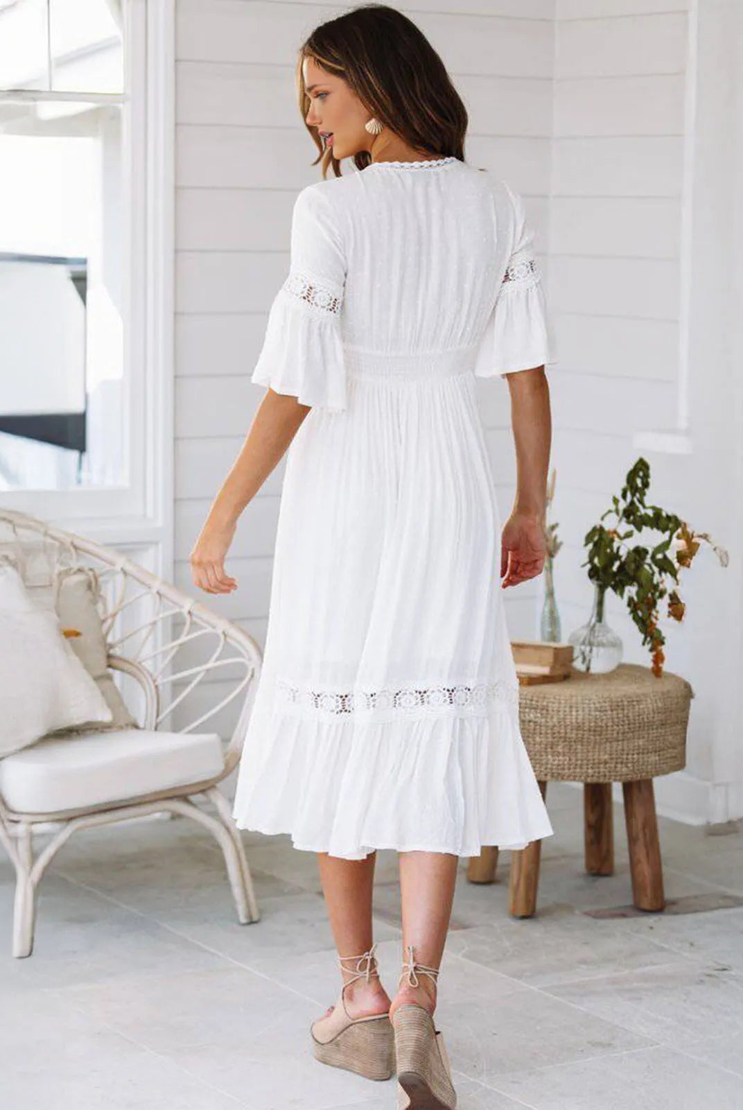 SOERA Winona Lace V - Neck Midi Dress - Dresses - 1005008576606072-;OC1776146840072416004 White L