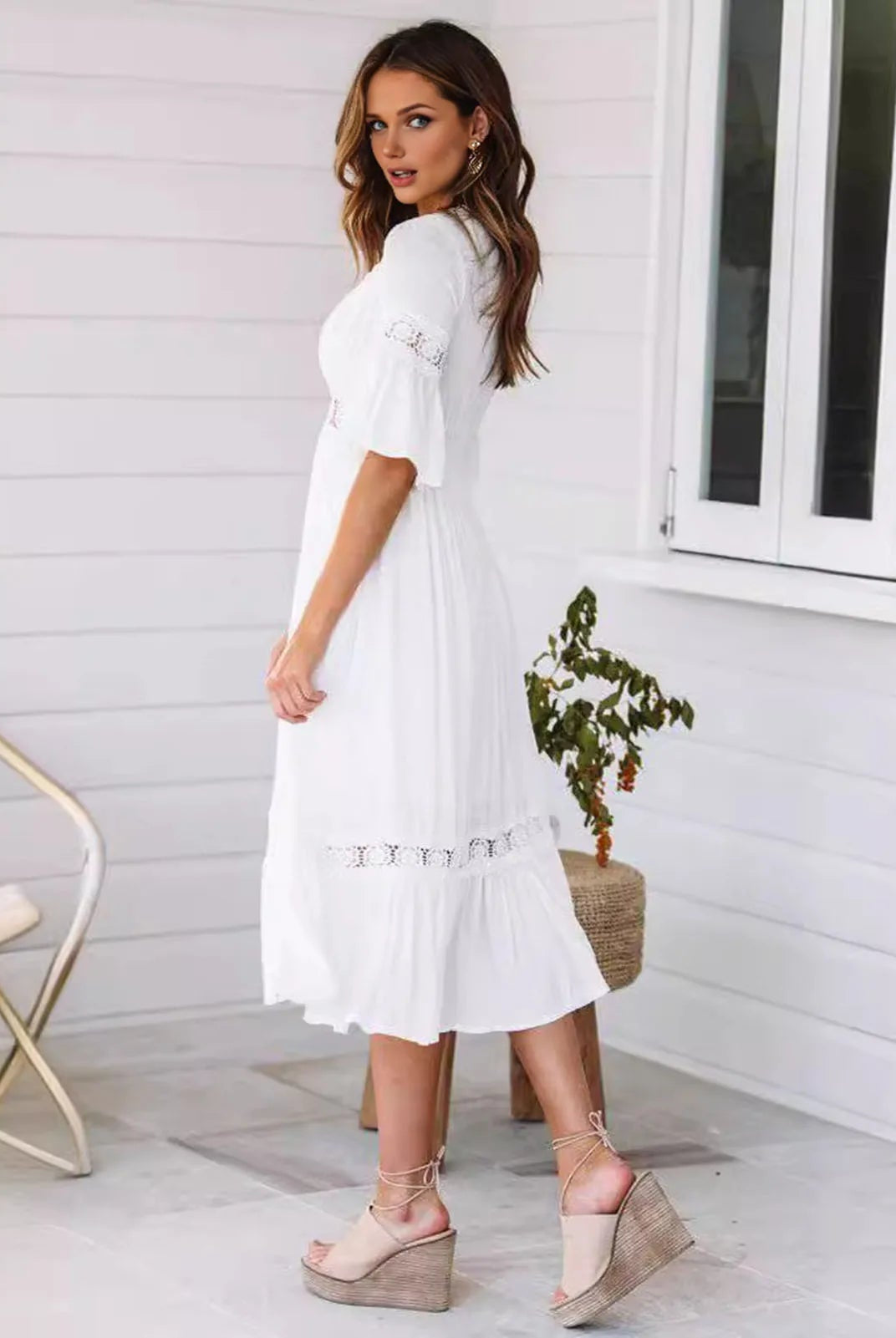 SOERA Winona Lace V - Neck Midi Dress - Dresses - 1005008576606072-;OC1776146840072416004 White L