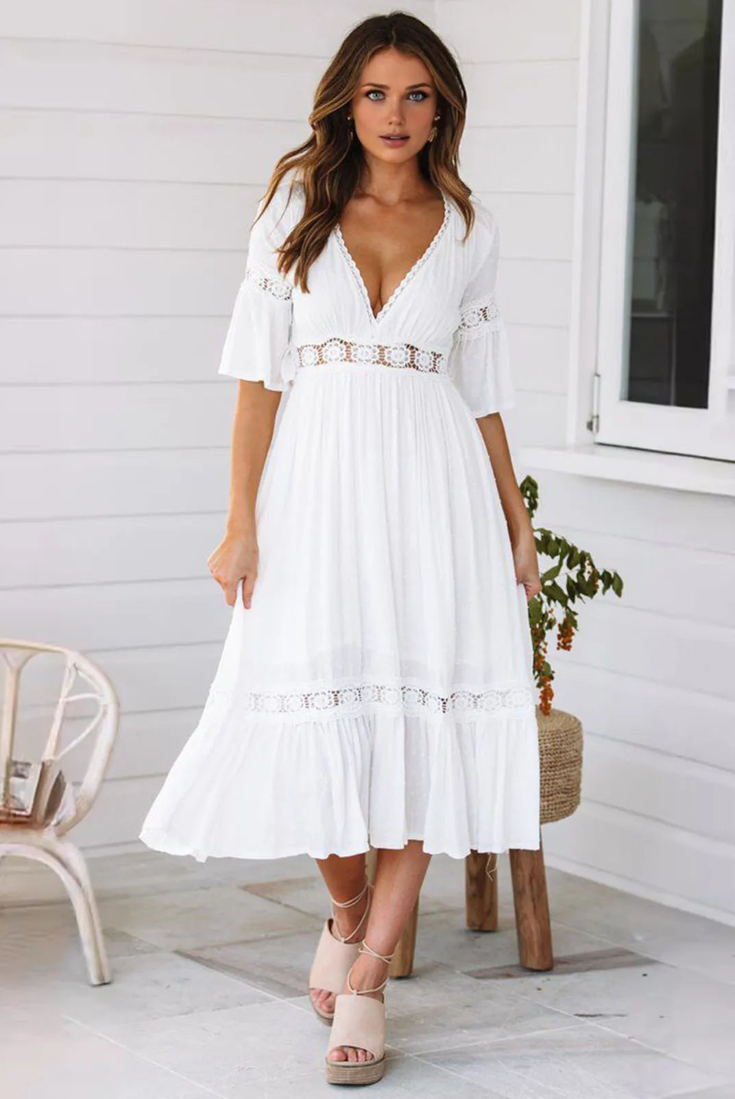 SOERA Winona Lace V - Neck Midi Dress - Dresses - 1005008576606072-;sW1776146840073149832 White XL