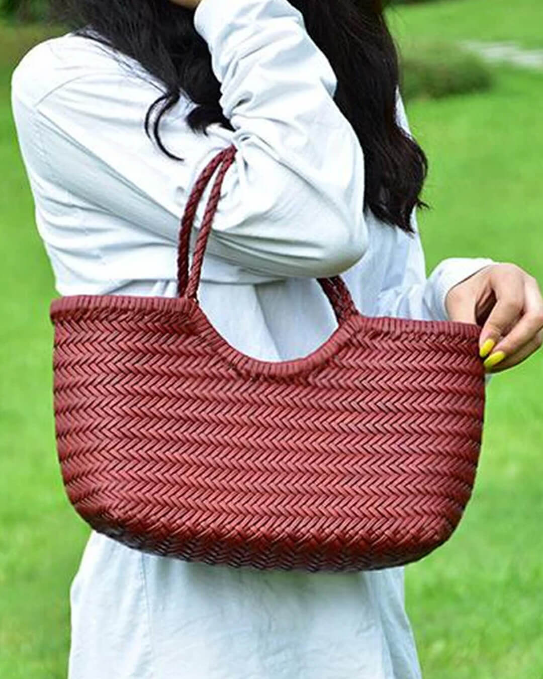 SOERA Beatrice Woven Leather Tote Bag - Handbags - Burgundy Small