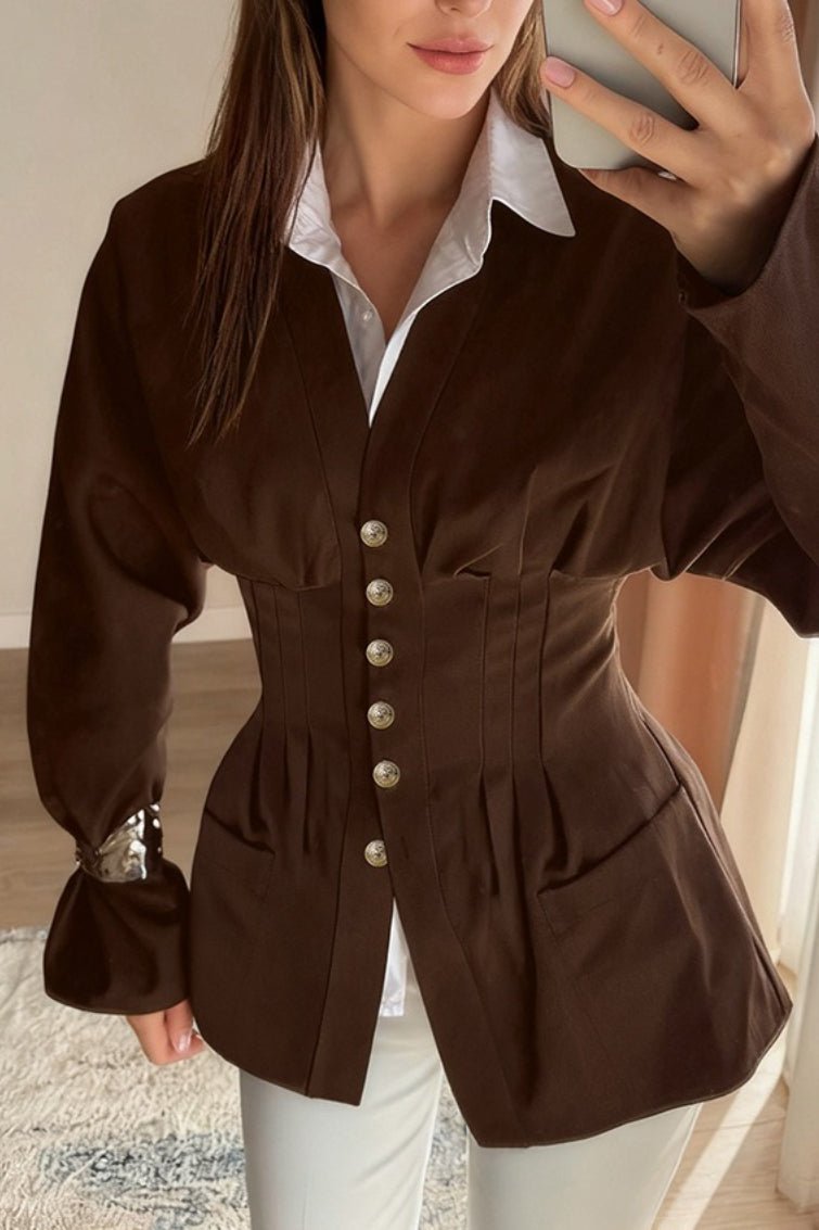 SOERA Beatrice Pleated Slim Vintage Waist Blazer - Jacket - Brown M