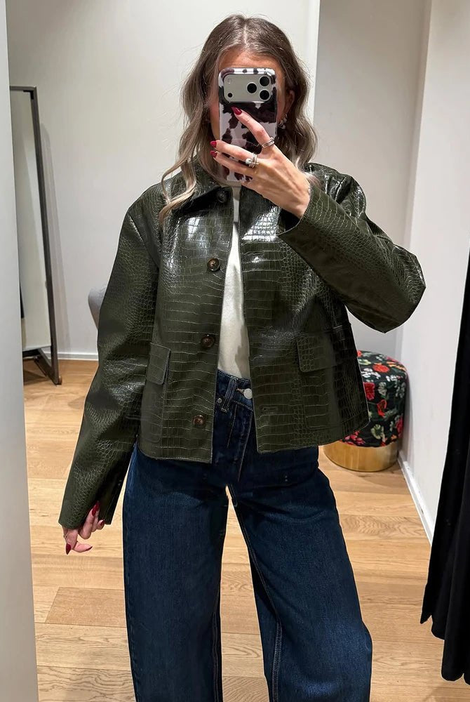 SOERA Svea Crocodile Embossed Leather Jacket - Jacket - SOERA-382403-GRE-M-11043 Green M