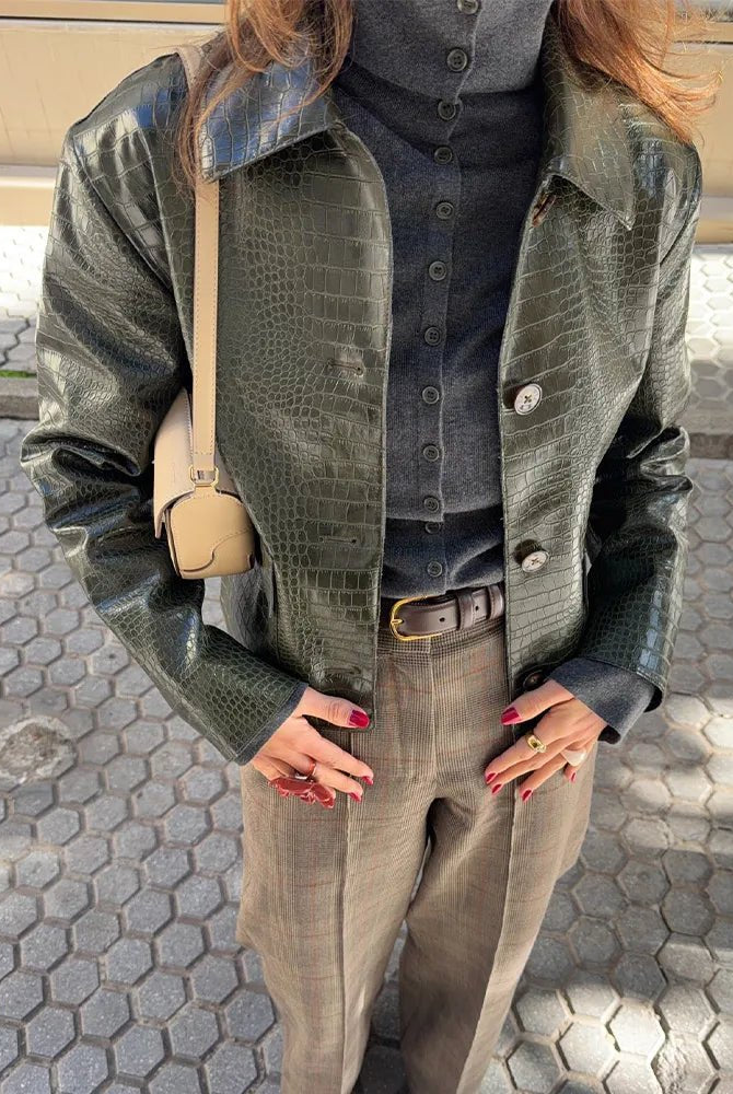 SOERA Svea Crocodile Embossed Leather Jacket - Jacket - SOERA-382403-GRE-M-11043 Green M