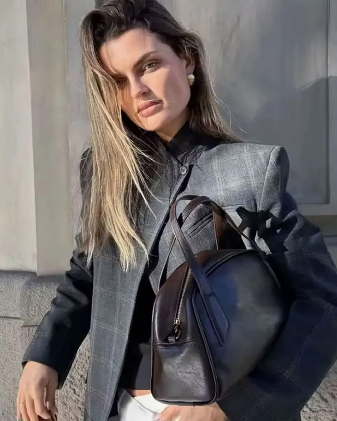 SOERA Sofia Plaid Stand Collar Blazer - Jackets - Grey L