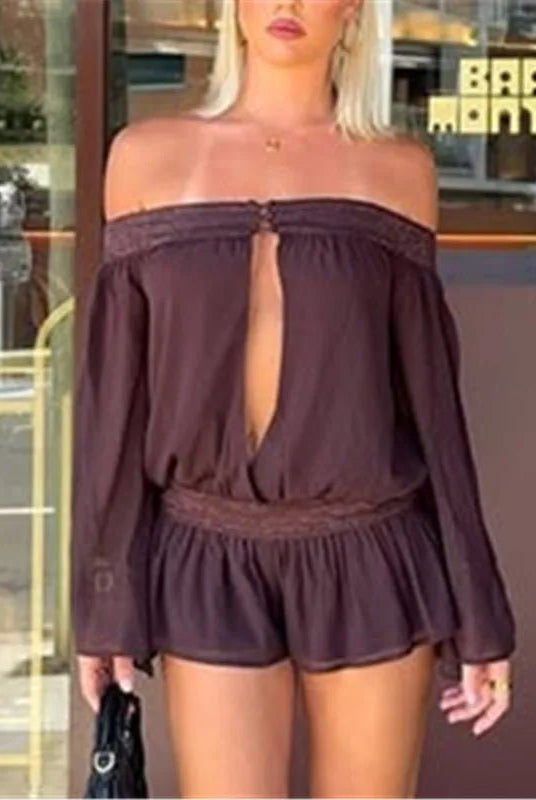 SOERA Bianca Off-Shoulder Chiffon Romper - Jumpsuit - SOERA-411907-DEF-OS-54793 Dark Brown S
