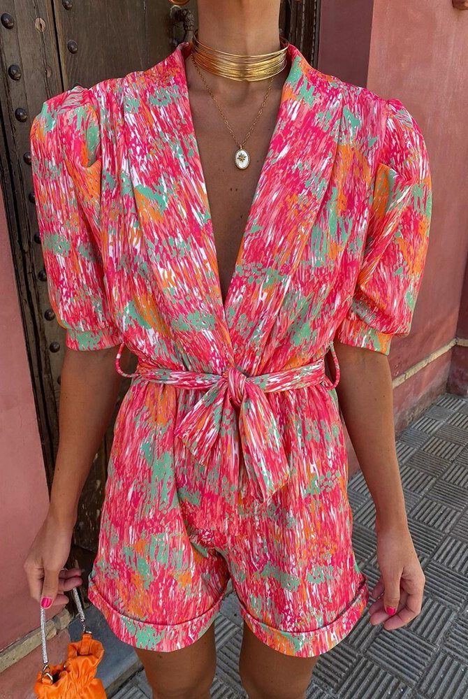 SOERA Bianca Festival Print Belted Playsuit - Jumpsuits & Rompers - Pink S