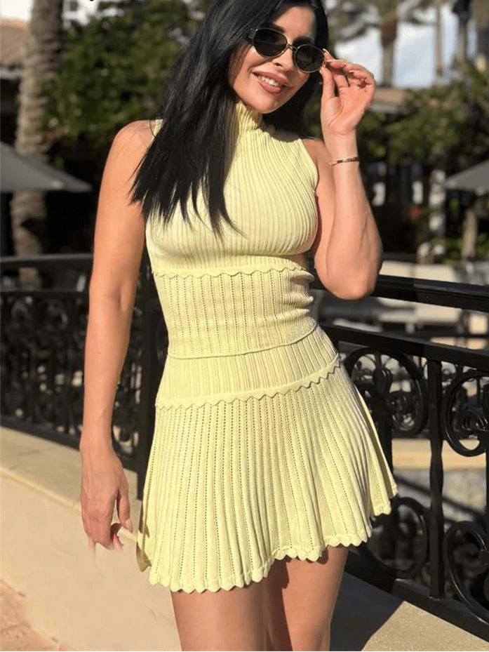 SOERA Bianca Two-Piece Knitted Crop Top & Pleated Mini Skirt Set - Matching Sets - Yellow XS