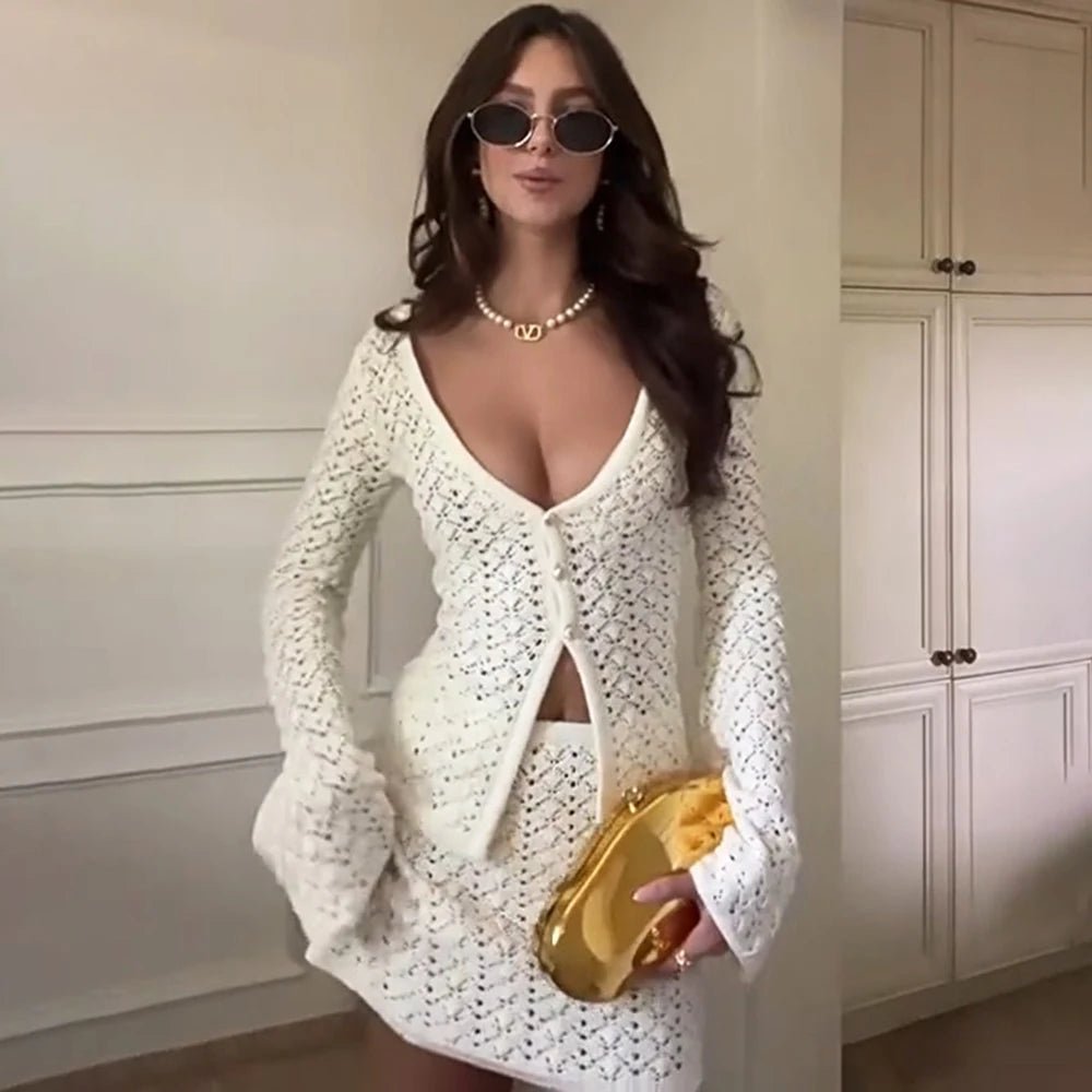 SOERA Jaycee Knitted Cardigan Mini Skirt Set - Matching Sets - 1005008414271863-;Eg1771345061574480851 White L