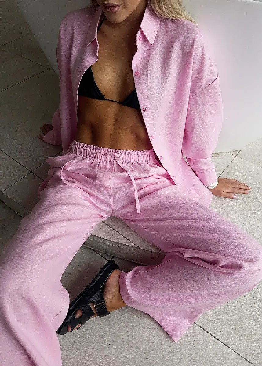 SOERA Sofia Cotton Lounge Set with Button-Up Shirt & Wide Pants - Matching Sets - M