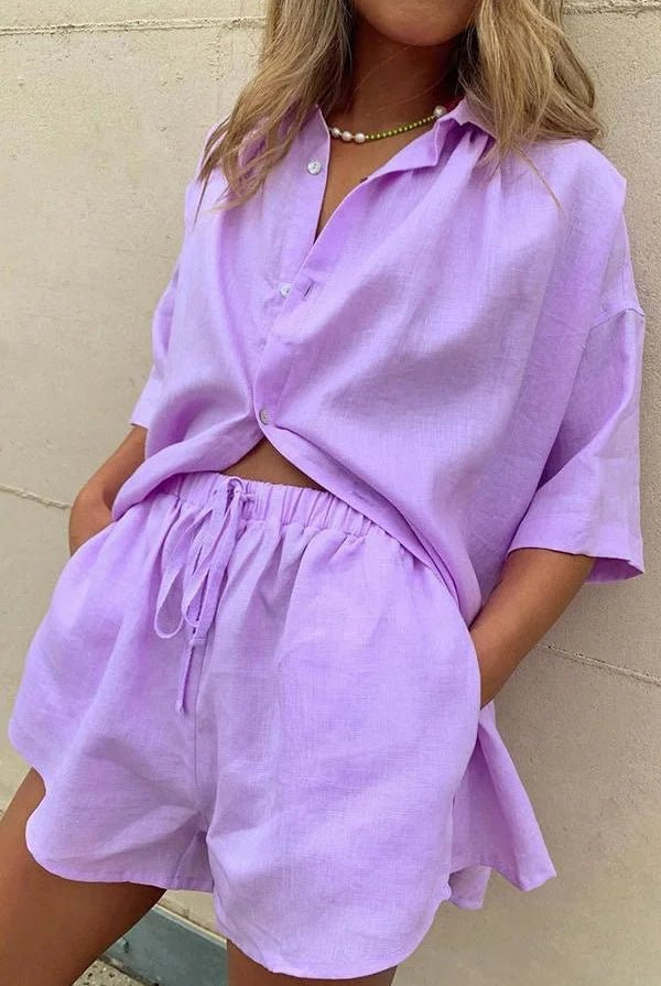 SOERA Erica Button - Down Blouse & Shorts Set - Set - 1005009100613909-;bQ1776125342985538850 Blue M