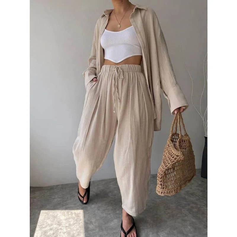 SOERA Frances Lapel Long Sleeve & Pants Set - Set - 1005009887708935-;Be1776125343198601215 Beige M