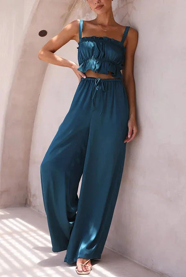 SOERA Julianne Ruffle Top Elastic Waist Pants Set - Set - pt1776125365232574822 Deep Blue L