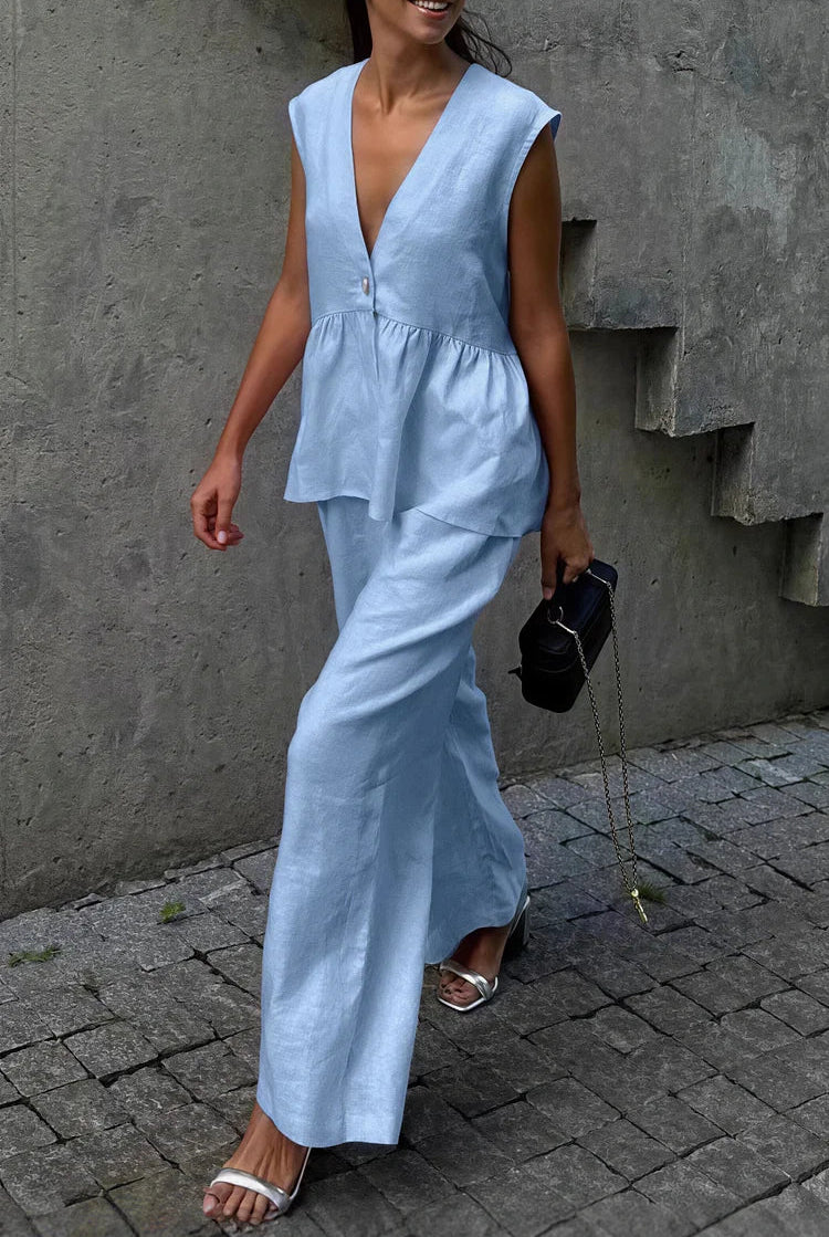 SOERA Sydney Ruffled Vest & Pants Set - Set - 1005008498710435-;Yx1776125342950553258 Blue M