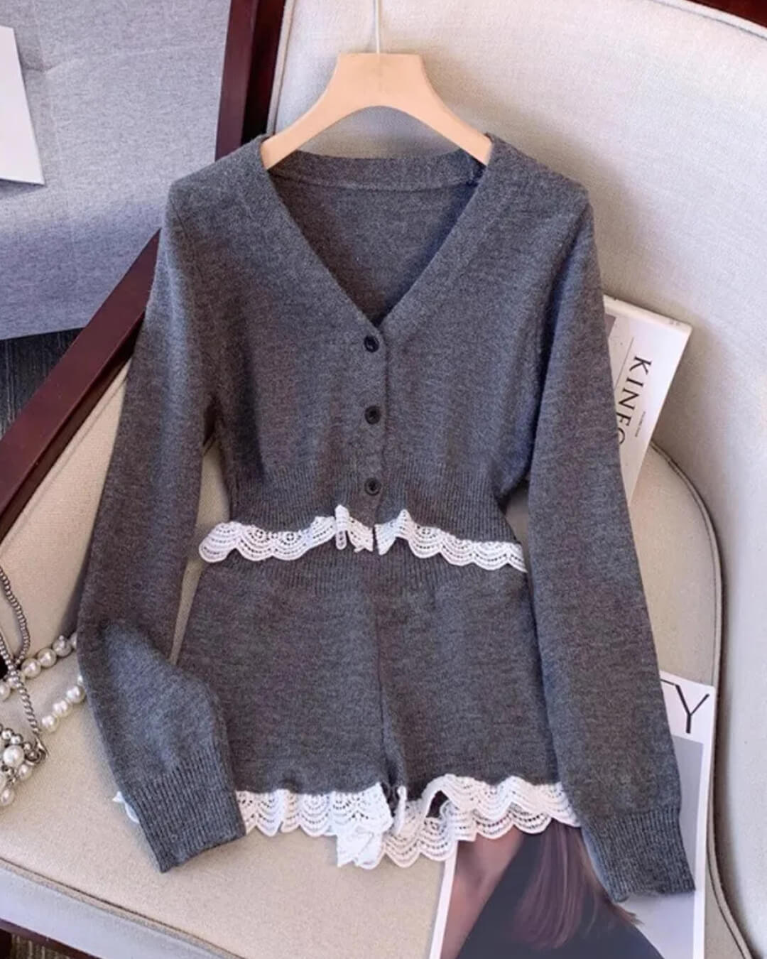 SOERA Lucy Lace Trim Cardigan Short Set - Sets - 1005007642040518-;Sl1769140529536507600 Medium